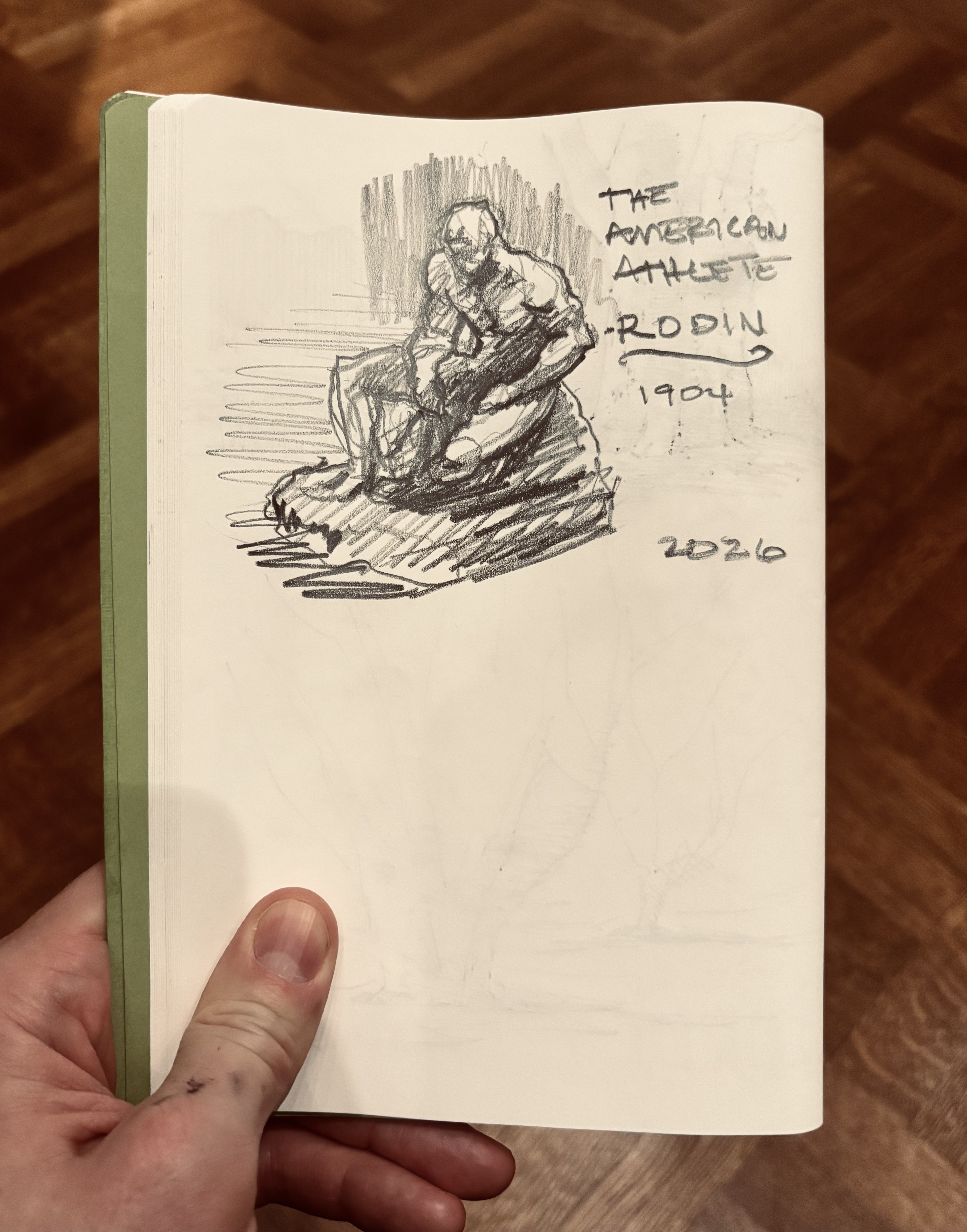 Study after Rodin's American Athlete 1904, graphite in sketchbook, 2026